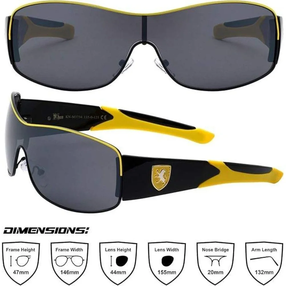 Black and Yellow Shield Sunglasses Mirrored Lens Sporty Racing Wrap Frames Gafas